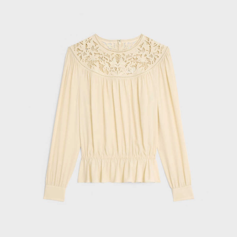 Chemises Celine Guipure Blouse In Silk Crepe And Acetate Jaune Clair | CL-592830