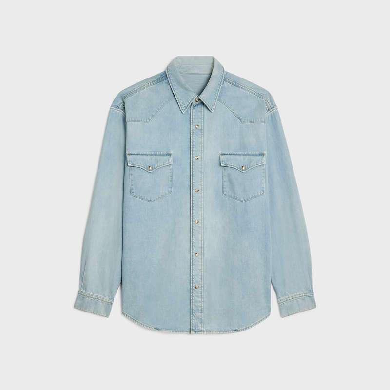 Chemises Celine Western In Faded Summer Wash Denim Bleu | CL-592154