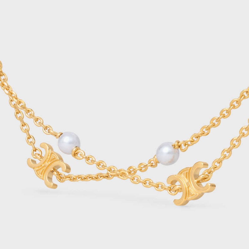 Colliers Celine Triomphe Pearl Double In Brass With Gold Finish And Resin Pearls Doré Blanche | CL-592241