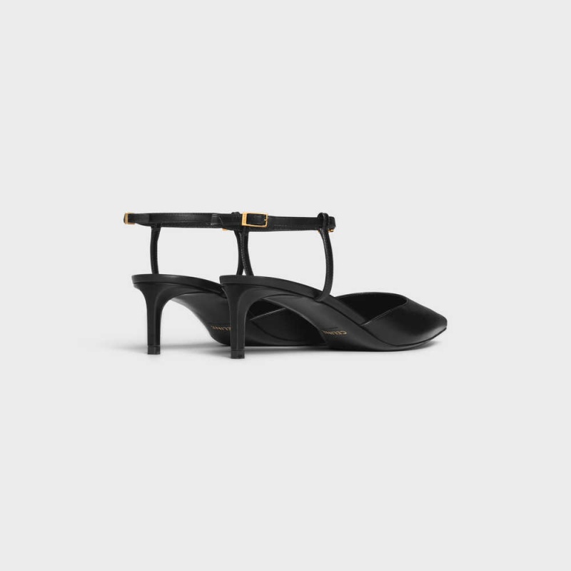 Escarpin Celine Kitten With Brides Triomphe In Calfskin Gold Finishing Noir | CL-592559