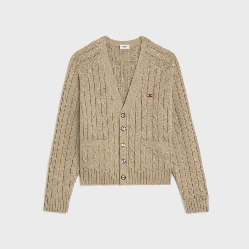 Knitwear Celine Cable-knit Triomphe Cardigan In Cashmere Grise Clair Marron | CL-592084