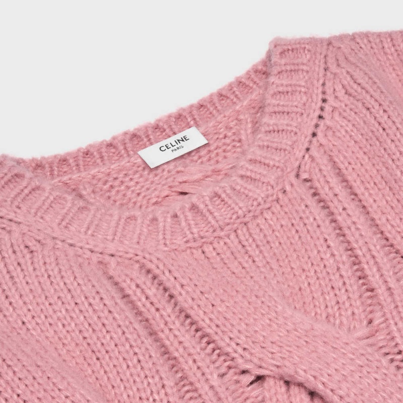 Knitwear Celine Crew Neck In Cable-knit Cashmere And Silk Rose | CL-592707