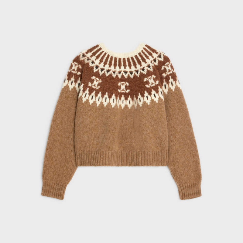 Knitwear Celine Crew Neck In Triomphe Fair Isle Laine Marron | CL-592706