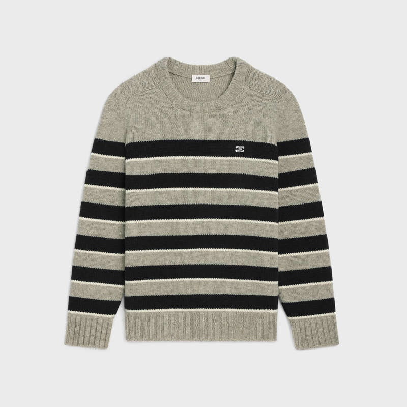 Knitwear Celine Triomphe Crew Neck In Rayé Laine Grise Clair Noir | CL-592100