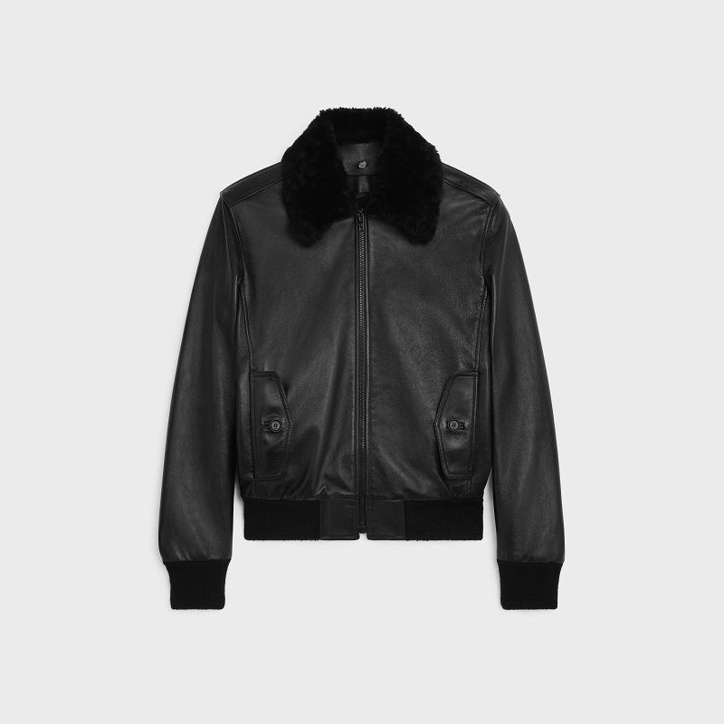 Leather Celine Aviator Shearling Blouson In Soft Noir | CL-591927