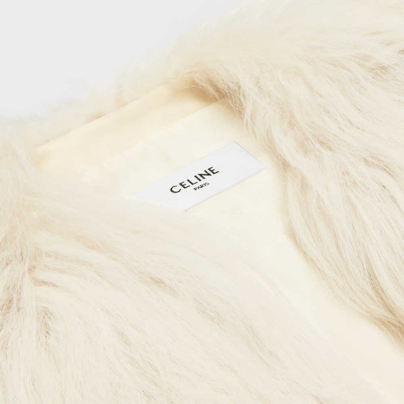 Leather Celine Crew Neck In Long Goat Hair Beige | CL-592609