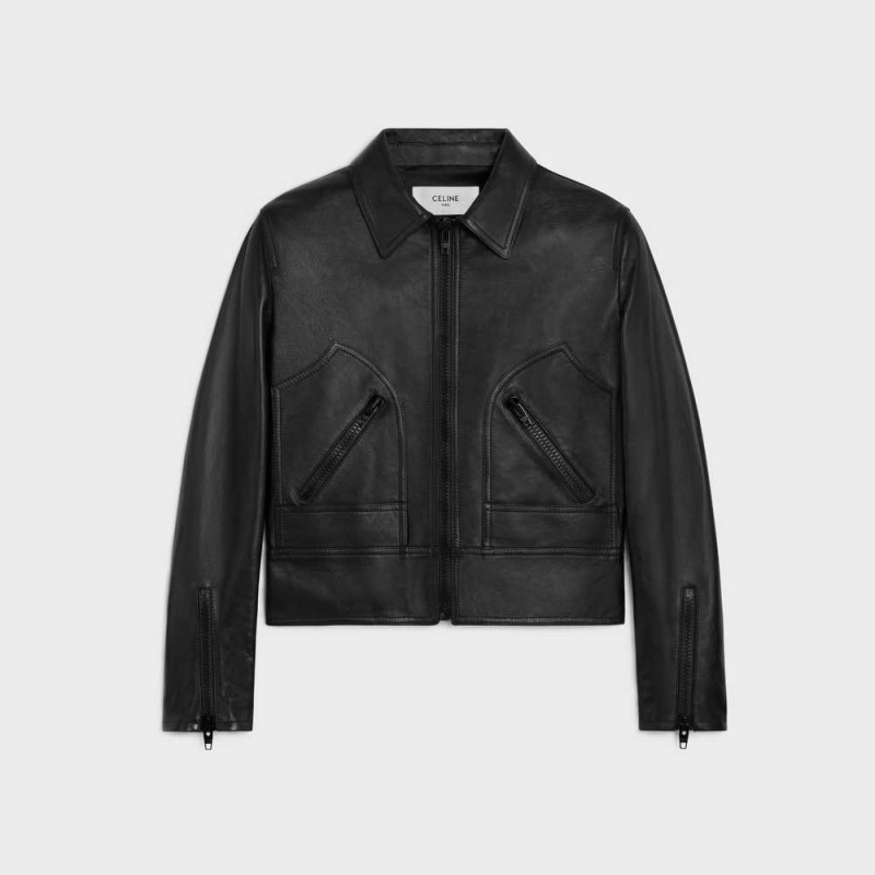 Leather Celine Wiltern Blouson In Soft Noir | CL-592612