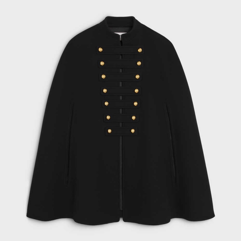 Manteaux Celine Officer Cape In Laine And Cashmere Cloth Noir | CL-592626