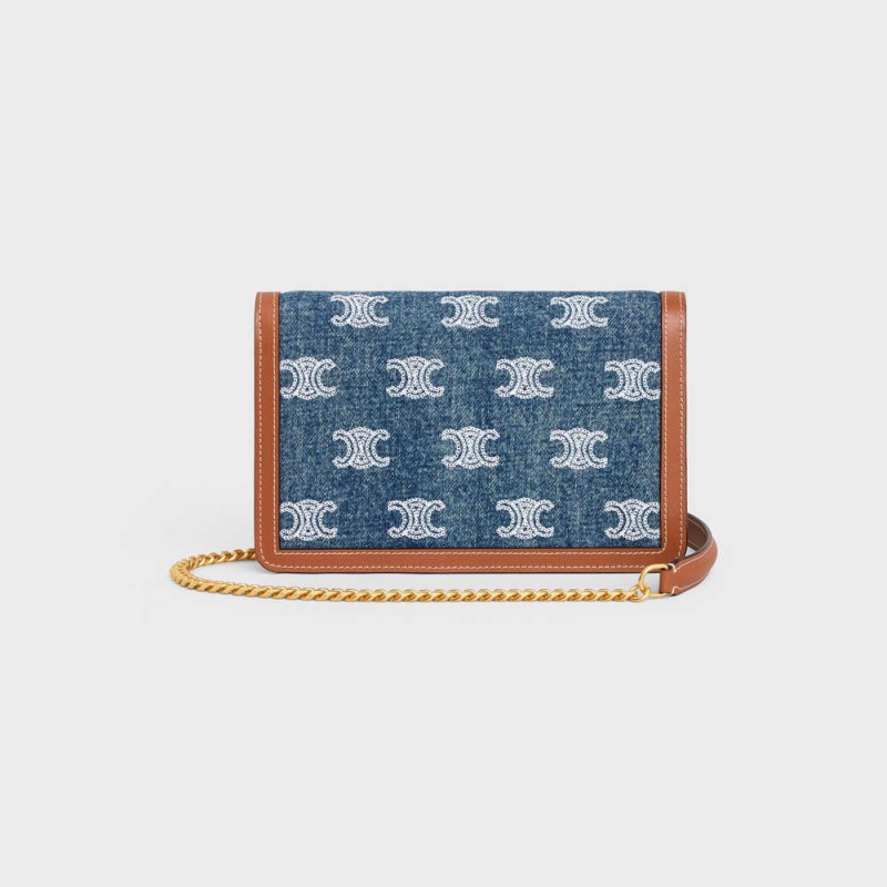 Mini Sacs Celine Wallet On Chain Triomphe In Denim With Triomphe All-over Embroidery And Calfskin Bleu Marine Marron | CL-593027