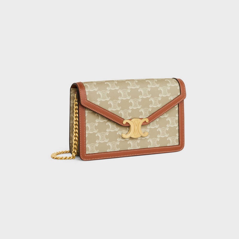 Mini Sacs Celine Wallet On Chain Triomphe In Triomphe Tela And Calfskin Beige | CL-593026