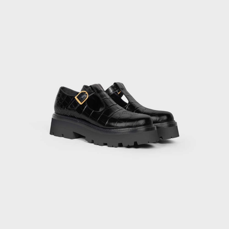 Mocassin Celine Bulky Triomphe Perforated Babies In Crocodile Stamped Calfskin Noir | CL-592532