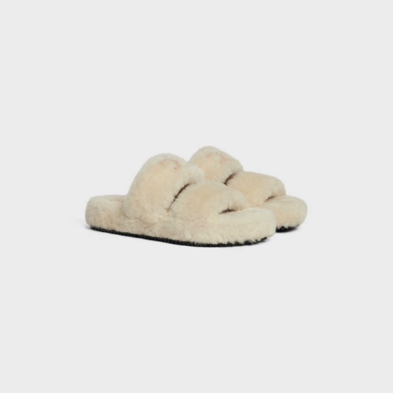 Mocassin Celine Fur Slides Triomphe Open Slides In Shearling Beige Beige | CL-592538