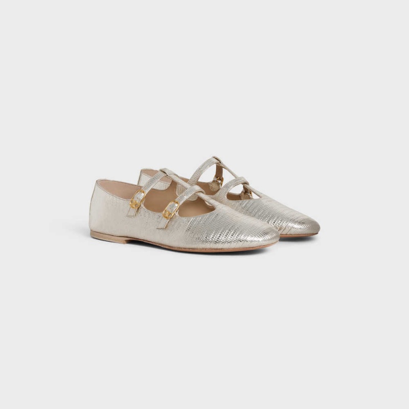 Mocassin Celine Les Ballerines Double Brides Mary Jane Ballerina In Lizard Stamped Metalized Calfskin Argent | CL-592534