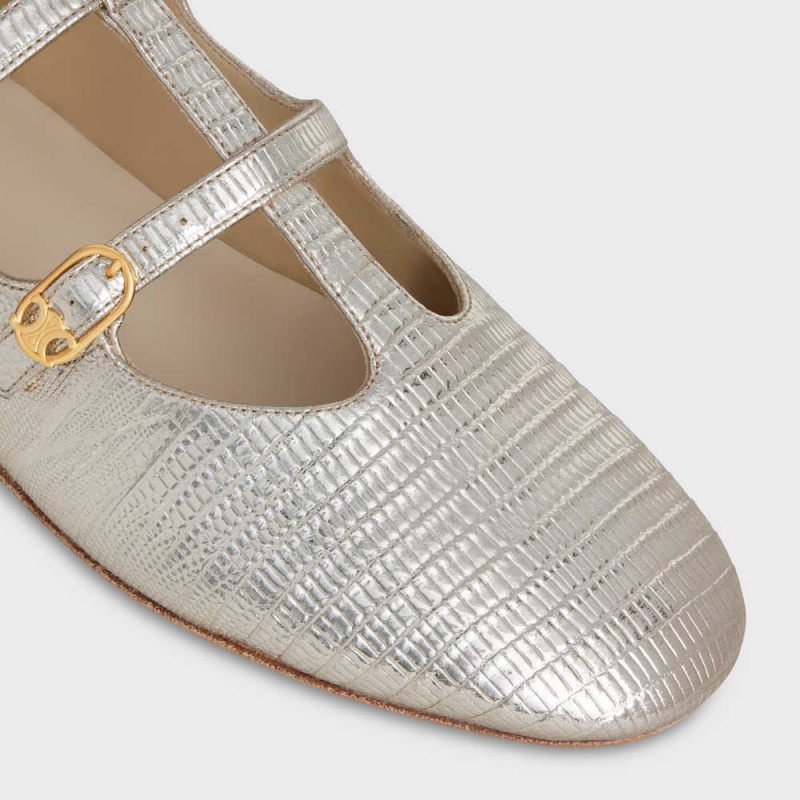 Mocassin Celine Les Ballerines Double Brides Mary Jane Ballerina In Lizard Stamped Metalized Calfskin Argent | CL-592534