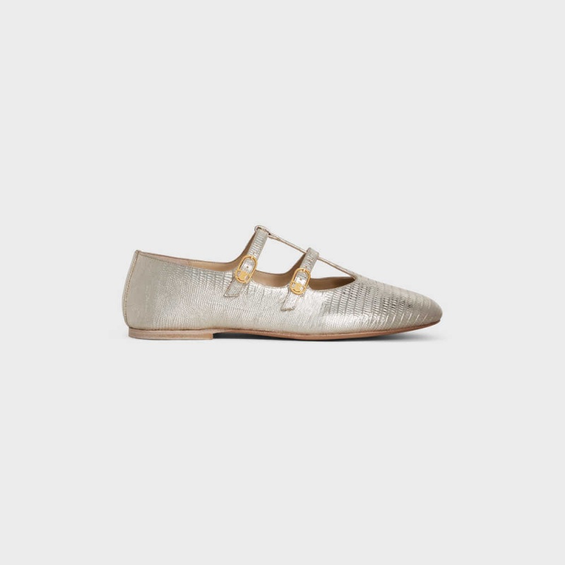 Mocassin Celine Les Ballerines Double Brides Mary Jane Ballerina In Lizard Stamped Metalized Calfskin Argent | CL-592534