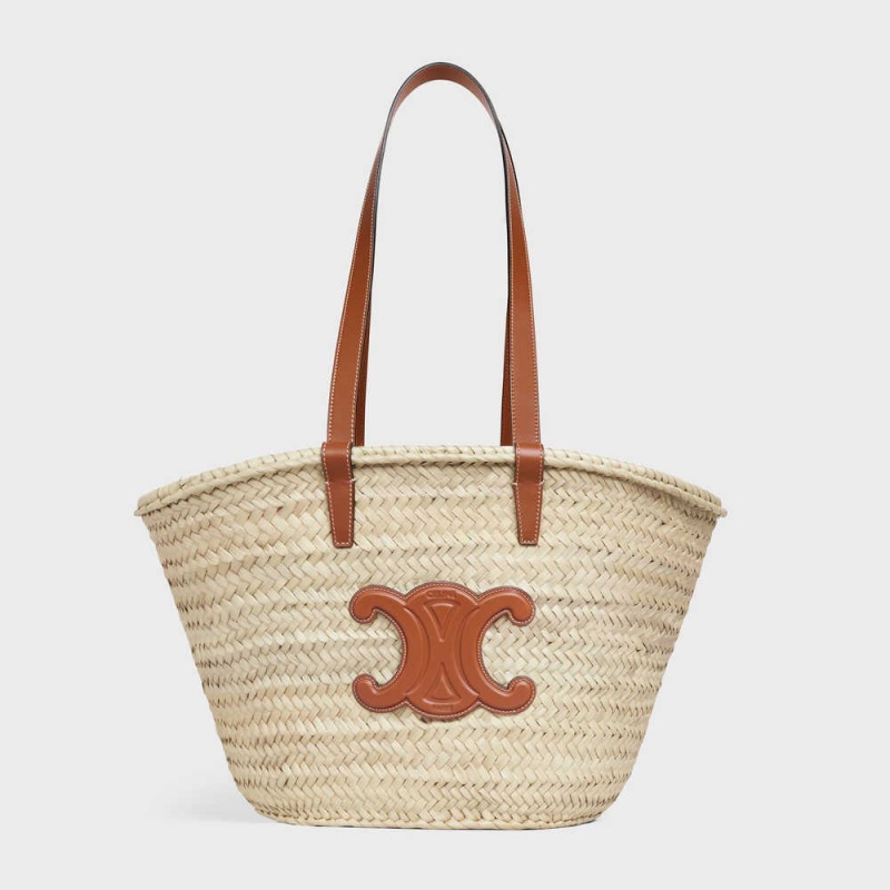 Panier Celine Medium Triomphe Classiche In Palm Leaves And Calfskin Marron | CL-593069