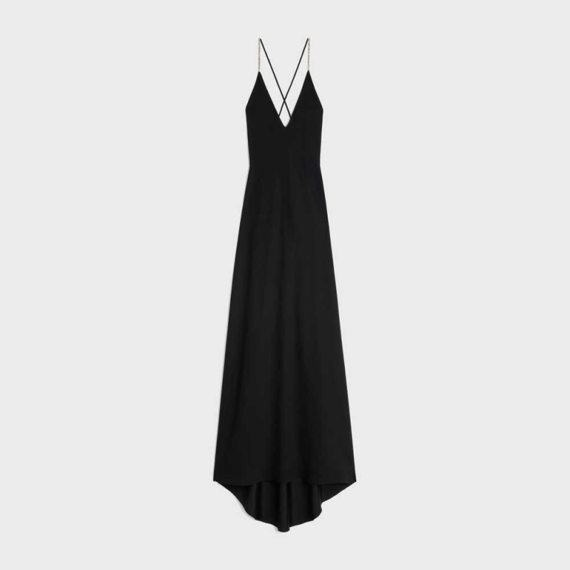 Peignoir Celine Slip With Rhinestones In Satin-lined CrêPe Noir | CL-592862