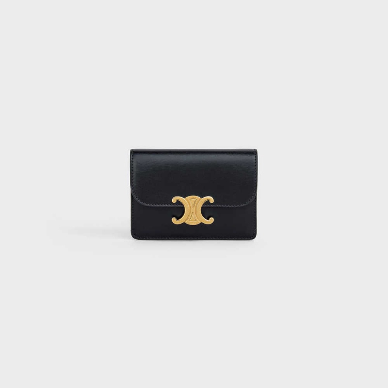 Porte-Carte Celine Flap Triomphe Shiny Calfskin Noir | CL-592946