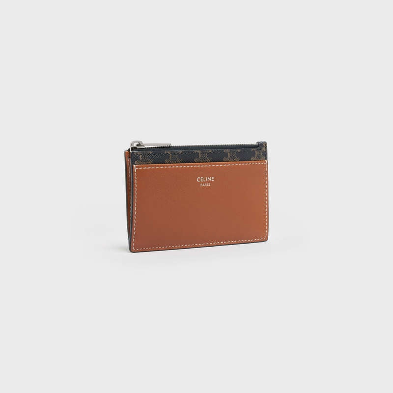 Porte-Carte Celine Zipped In Triomphe Tela And Marron | CL-591806