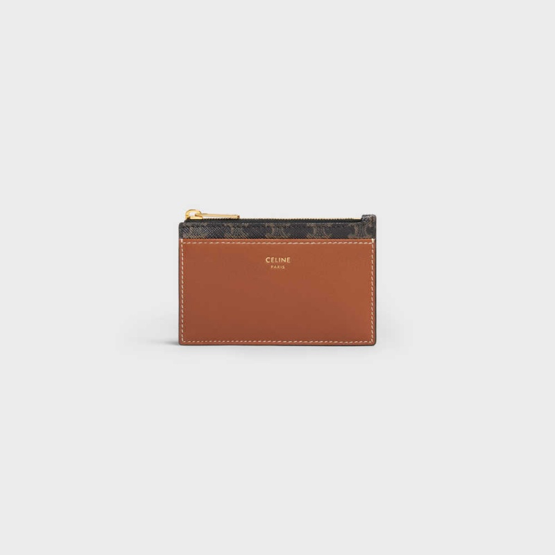 Porte-Carte Celine Zipped Triomphe Tela And Lambskin Marron | CL-592953