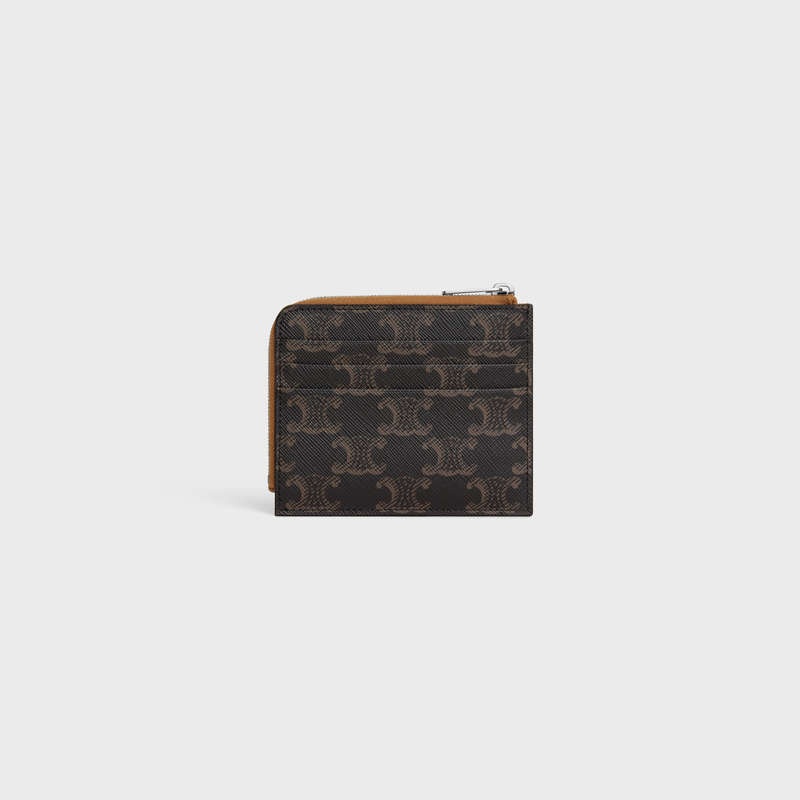 Porte-Carte Celine Zipped With Purse In Triomphe Tela And Calfskin Marron | CL-591813