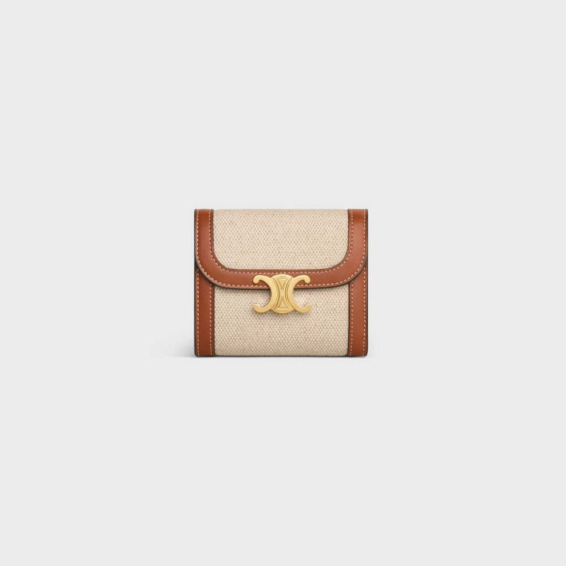 Portefeuilles Celine Small Triomphe In Textile And Calfskin Beige Marron | CL-592976