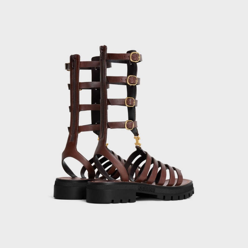 Sandale Celine Clea Triomphe Gladiator Mid In Calfskin & Vegetal Tanning Marron Foncé | CL-592576