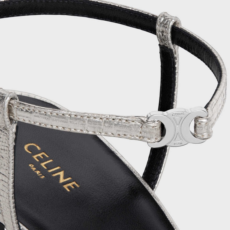 Sandale Celine Soir In Lizard Stamped Metalized Calfskin Argent | CL-592597