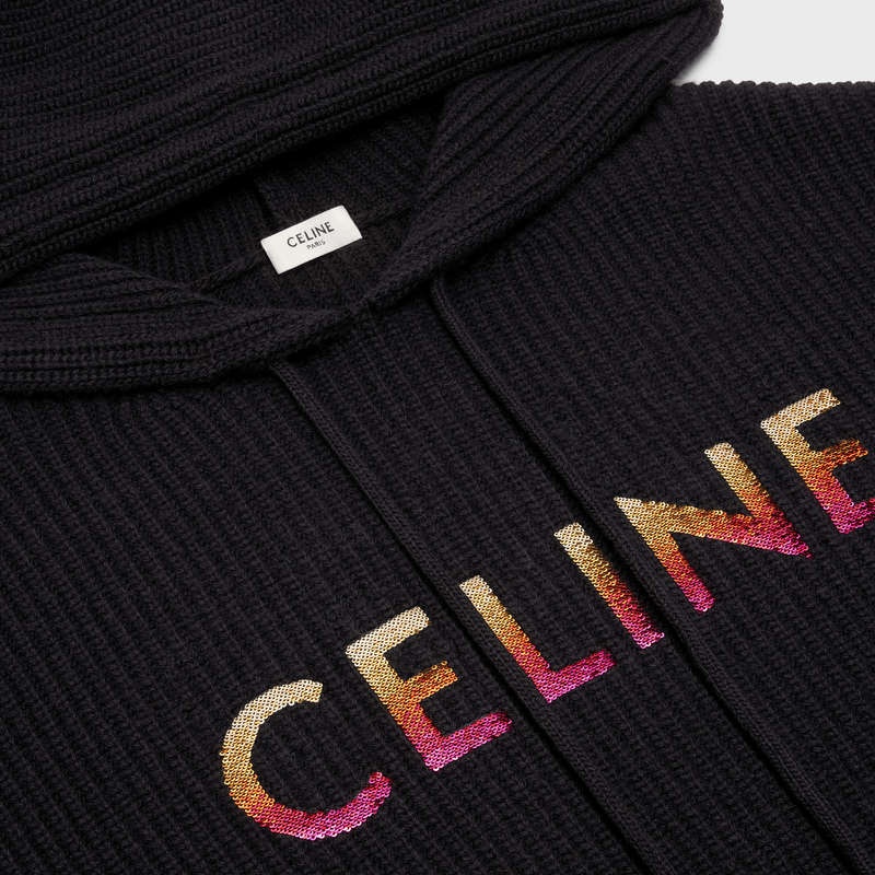 Sweats Celine Embroidered Encapuchonné In Nervuré Laine Noir | CL-592108