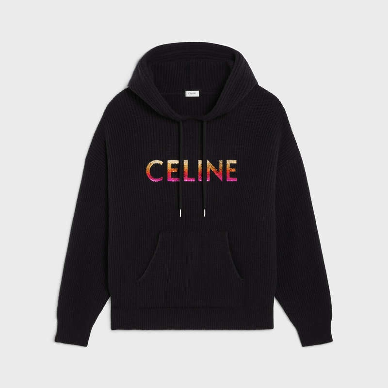 Sweats Celine Embroidered Encapuchonné In Nervuré Laine Noir | CL-592108