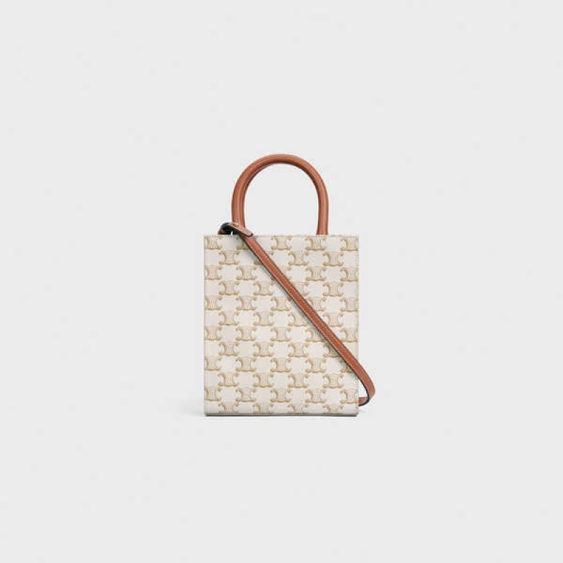 Triomphe Canvas Celine Mini Vertical Cabas In And Calfskin With Print Blanche | CL-593136