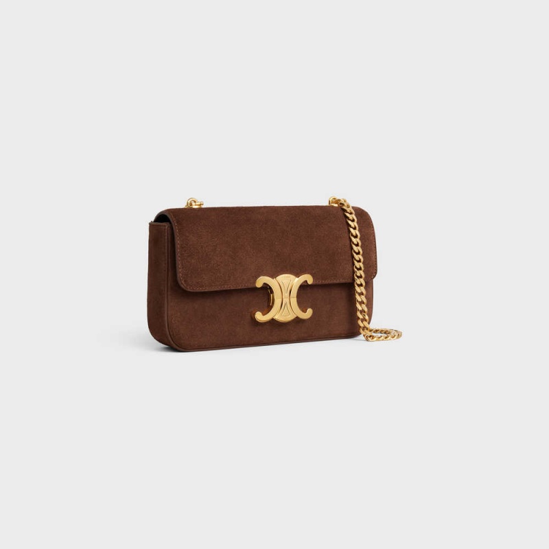 Triomphe Celine Chain Shoulder Bag In Daim Calfskin Marron | CL-593229