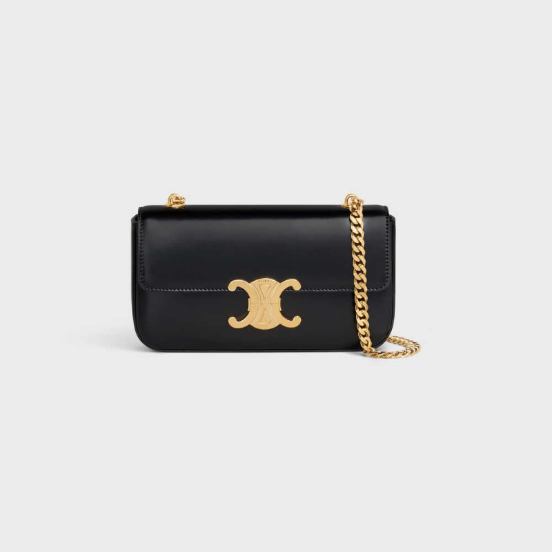 Triomphe Celine Chain Shoulder Bag In Shiny Calfskin Noir | CL-593226