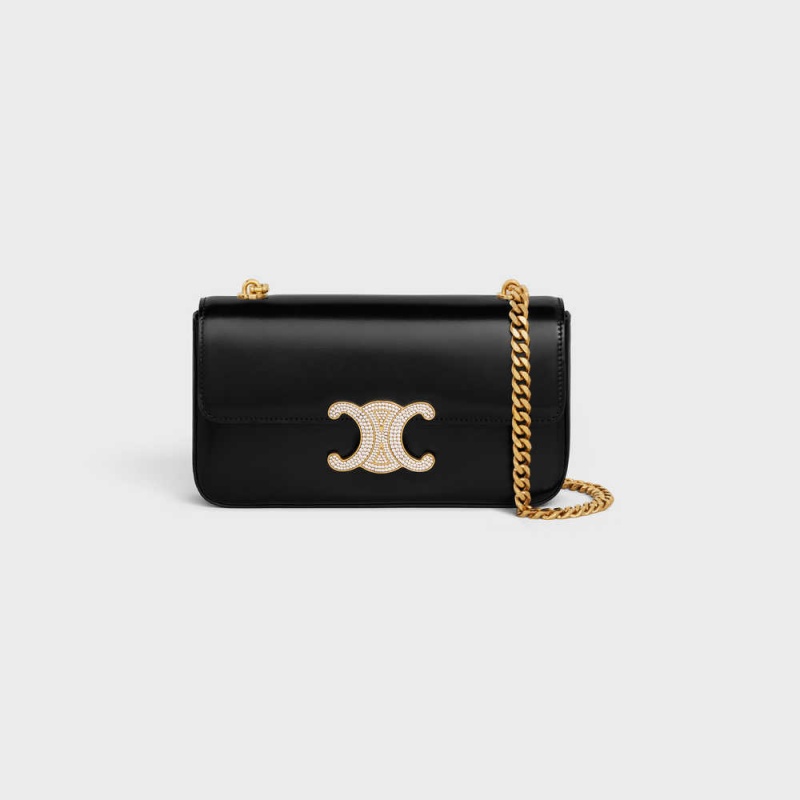 Triomphe Celine Chain Shoulder Bag With Strass Closure In Shiny Calfskin Noir | CL-593231