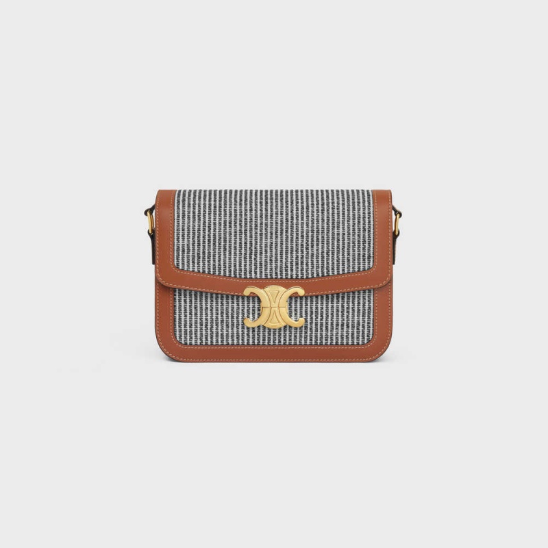 Triomphe Celine Classique Bag In Rayé Textile And Calfskin Grise Foncé | CL-593179