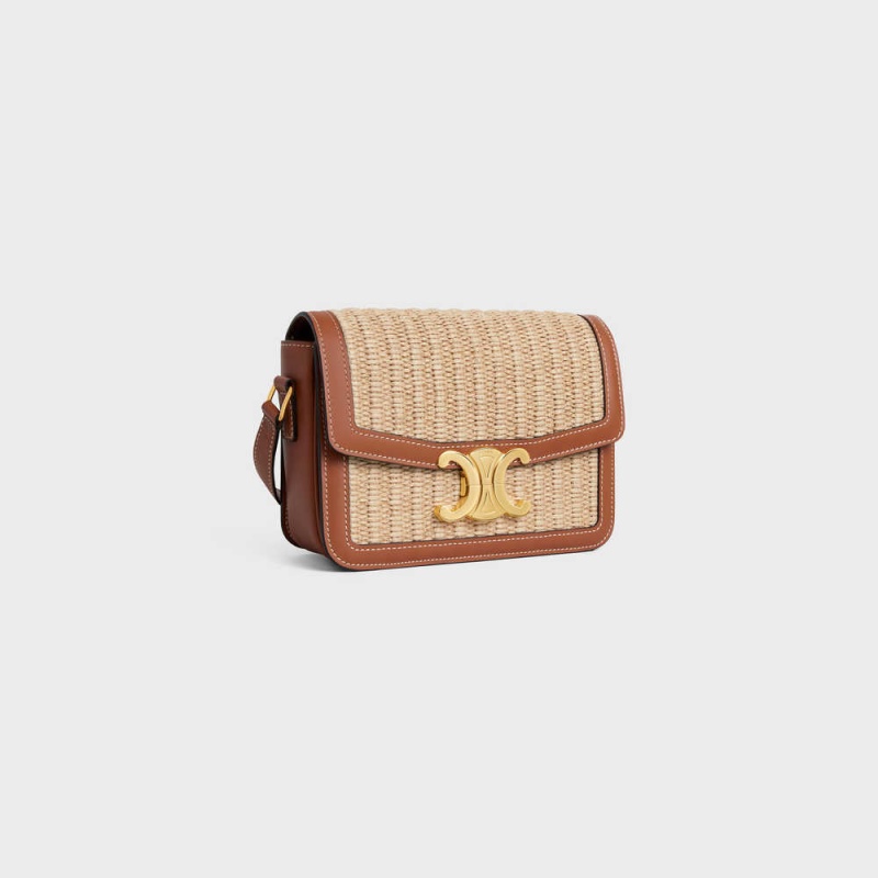 Triomphe Celine Teen Bag In Raffia Effect Textile And Calfskin Beige Marron | CL-593195