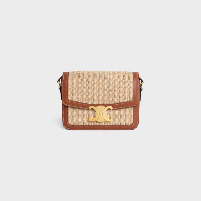 Triomphe Celine Teen Bag In Raffia Effect Textile And Calfskin Beige Marron | CL-593195