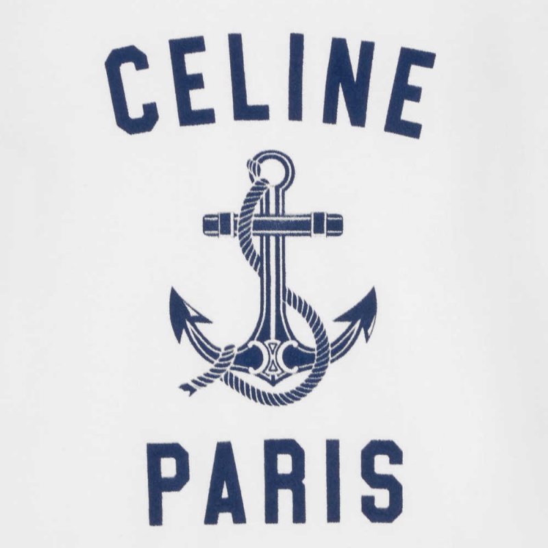 T-shirt Celine Paris Anchor In Coton Jersey Blanche Bleu Marine | CL-592784